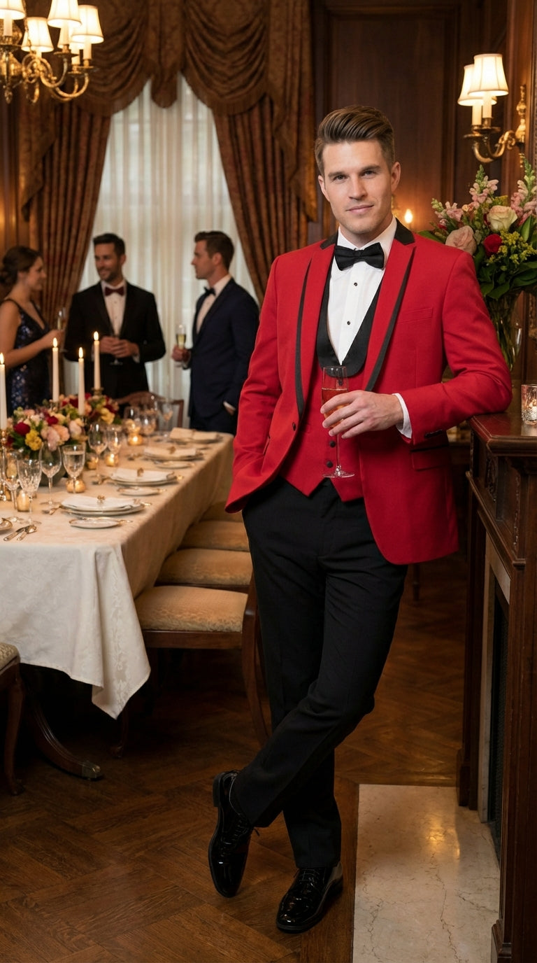 Mens Red and Black Tuxedo – Three Piece Formal Suit with Satin Shawl Lapel for Wedding and Prom - 34 Short or Extra Small