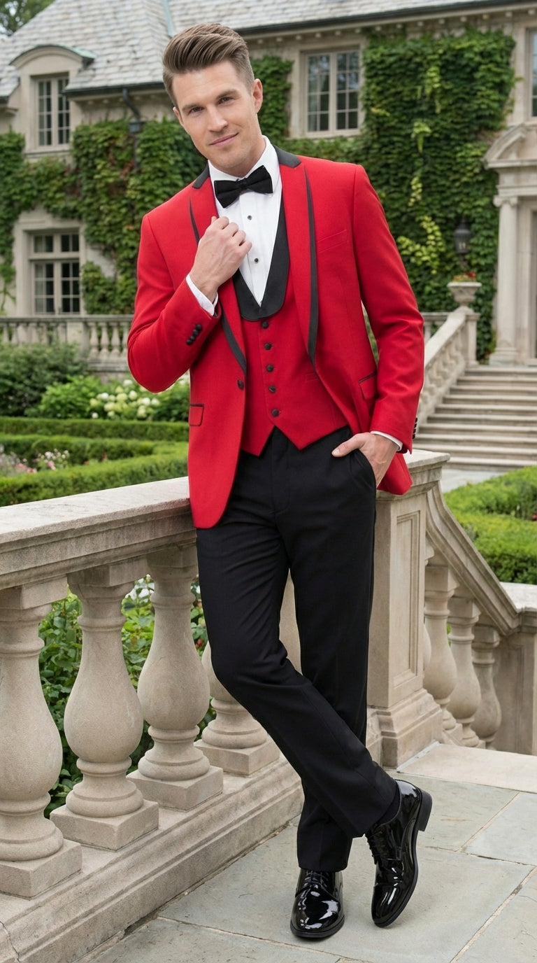 Mens Red and Black Tuxedo – Three Piece Formal Suit with Satin Shawl Lapel for Wedding and Prom - 34 Short or Extra Small