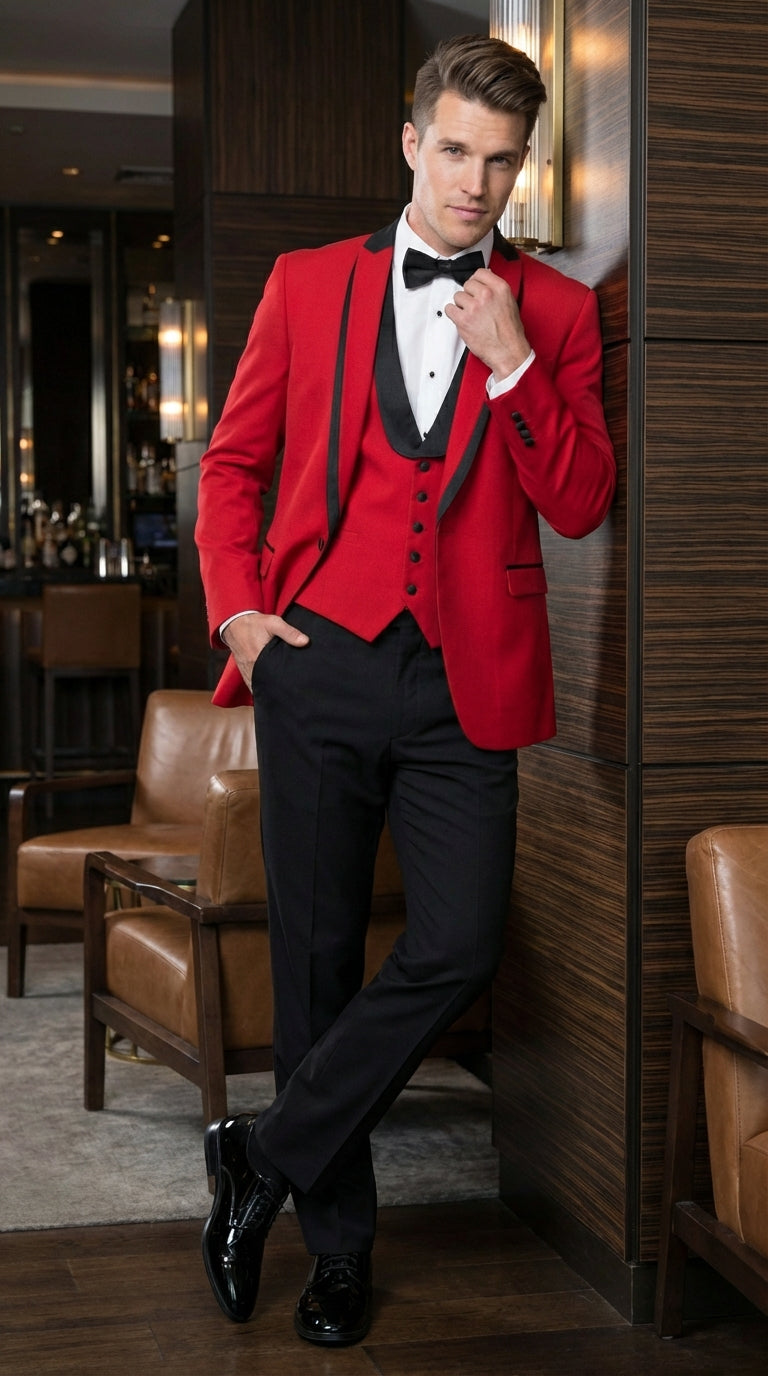 Mens Red and Black Tuxedo – Three Piece Formal Suit with Satin Shawl Lapel for Wedding and Prom - 34 Short or Extra Small