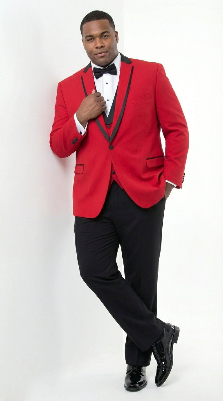 Mens Red and Black Tuxedo – Three Piece Formal Suit with Satin Shawl Lapel for Wedding and Prom - 34 Short or Extra Small