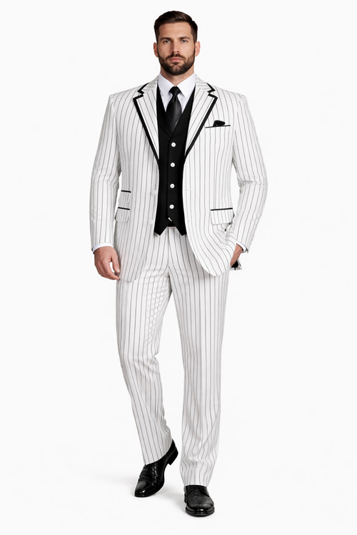 Cheap Priced Suit  - Mens 3 Button Vested Barbershop Quartet Suin In White With Black Turquoise Pinstripes