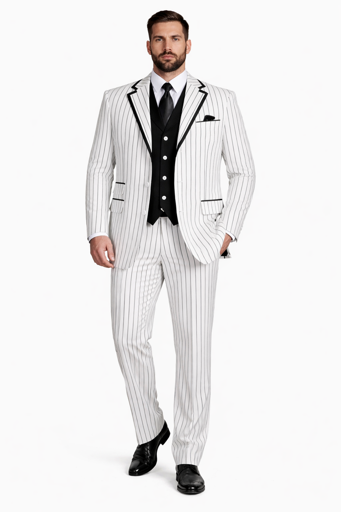 Cheap Priced Suit  - Mens 3 Button Vested Barbershop Quartet Suin In White With Black Turquoise Pinstripes