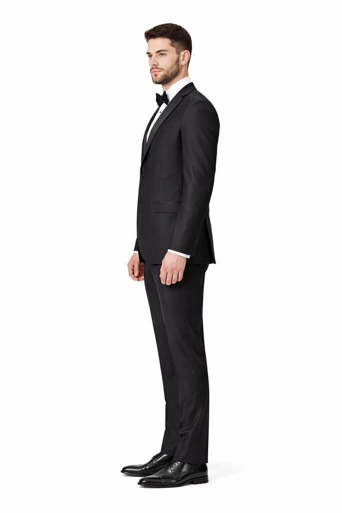 Tiglio Mens Slim Fit Black Wool Tuxedo Satin Peak Lapel Formal Dinner Suit