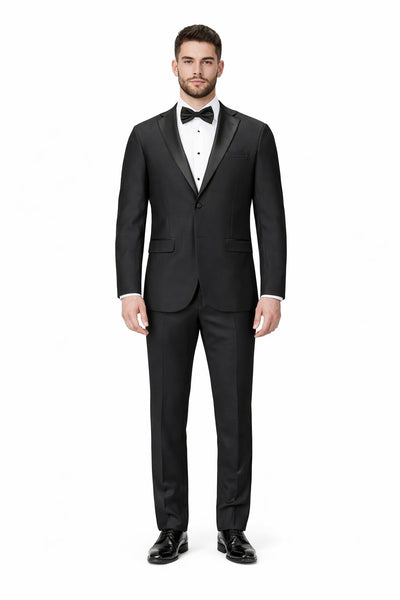 Tiglio Mens Slim Fit Black Wool Tuxedo Satin Peak Lapel Formal Dinner Suit