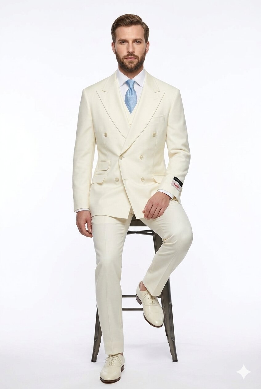 Tiglio Italian Suit - Real Wool Fabric Super 150's EST Off-White, Wide Leg Suit & Vest in Color Off-White - 40R