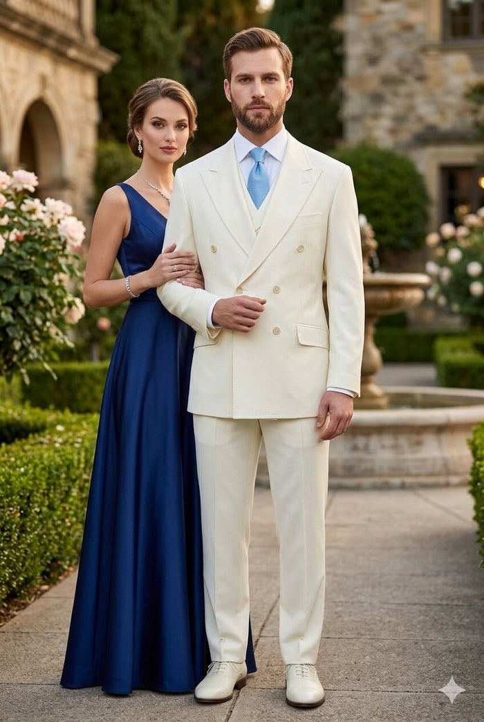 Tiglio Italian Suit - Real Wool Fabric Super 150's EST Off-White, Wide Leg Suit & Vest in Color Off-White