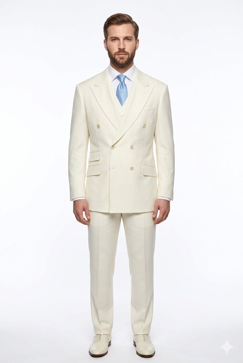 Tiglio Italian Suit - Real Wool Fabric Super 150's EST Off-White, Wide Leg Suit & Vest in Color Off-White