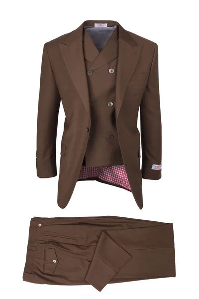 Tiglio Rosso Brand - Classic Suit Fit Pleated Pants Athletic Cut Real Wool Fabric Suit Peak Lapel in Color Brown Semi Wide leg Slack - 34 Short or Extra Small