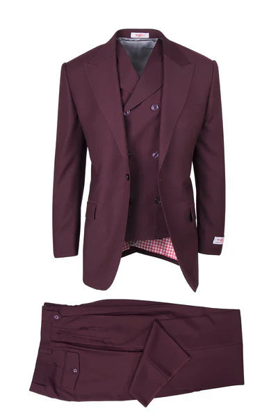 Tiglio Rosso Brand - Classic Suit Fit Pleated Pants Athletic Cut Real Wool Fabric Suit Peak Lapel in Color Burgundy Semi Wide leg Slack - 34 Short or Extra Small