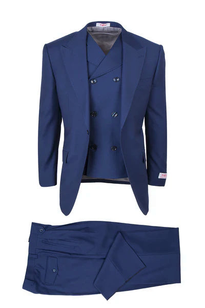 Tiglio Rosso Brand - Classic Suit Fit Pleated Pants Athletic Cut Real Wool Fabric Suit Peak Lapel in Color French Blue Semi Wide leg Slack