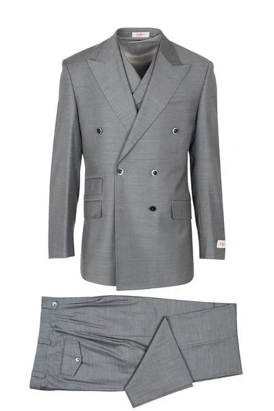 Tiglio Rosso Brand - Classic Suit Fit Pleated Pants Athletic Cut Real Wool Fabric Suit Peak Lapel in Color Grey Semi Wide leg Slack - 34 Short or Extra Small