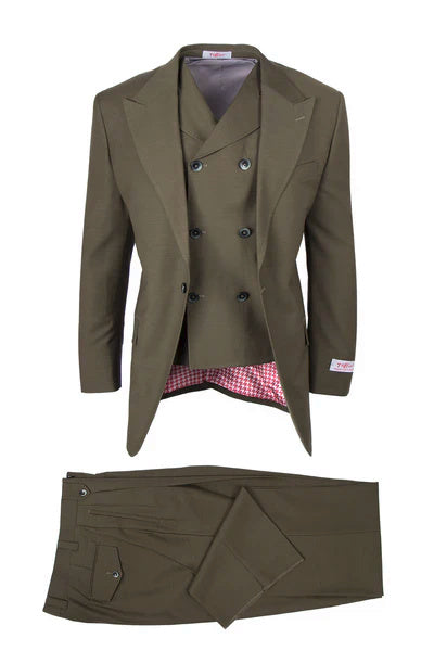 Tiglio Rosso Brand - Classic Suit Fit Pleated Pants Athletic Cut Real Wool Fabric Suit Peak Lapel in Color Olive Semi Wide leg Slack - 34 Short or Extra Small