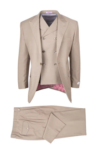 Tiglio Rosso Brand - Classic Suit Fit Pleated Pants Athletic Cut Real Wool Fabric Suit Peak Lapel in Color Tan Semi Wide leg Slack - 34 Short or Extra Small