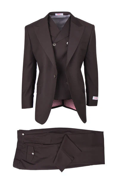Tiglio Rosso Brand - Classic Suit Fit Pleated Pants Athletic Cut Real Wool Fabric Suit Peak Lapel Semi Wide leg Slack in Color Brown - 34 Short or Extra Small