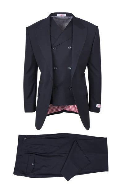 Tiglio Rosso Brand - Classic Suit Fit Pleated Pants Athletic Cut Real Wool Fabric Suit Peak Lapel Semi Wide leg Slack in Color Navy - 34 Short or Extra Small