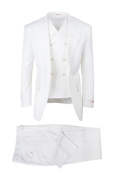 Tiglio Rosso Brand - Classic Suit Fit Pleated Pants Athletic Cut Real Wool Fabric Suit Peak Lapel Semi Wide leg Slack in Color Off-White - 34 Short or Extra Small