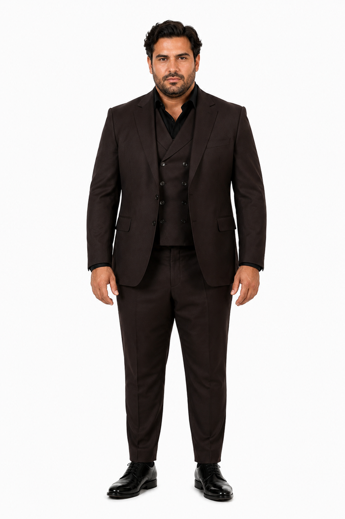 Tiglio Rosso Mens Choclate Brown 3 Piece Suit Double Breasted Vest with Classic 100% Wool Super 150's Fabric - Pleated Pants-New Designer Collection