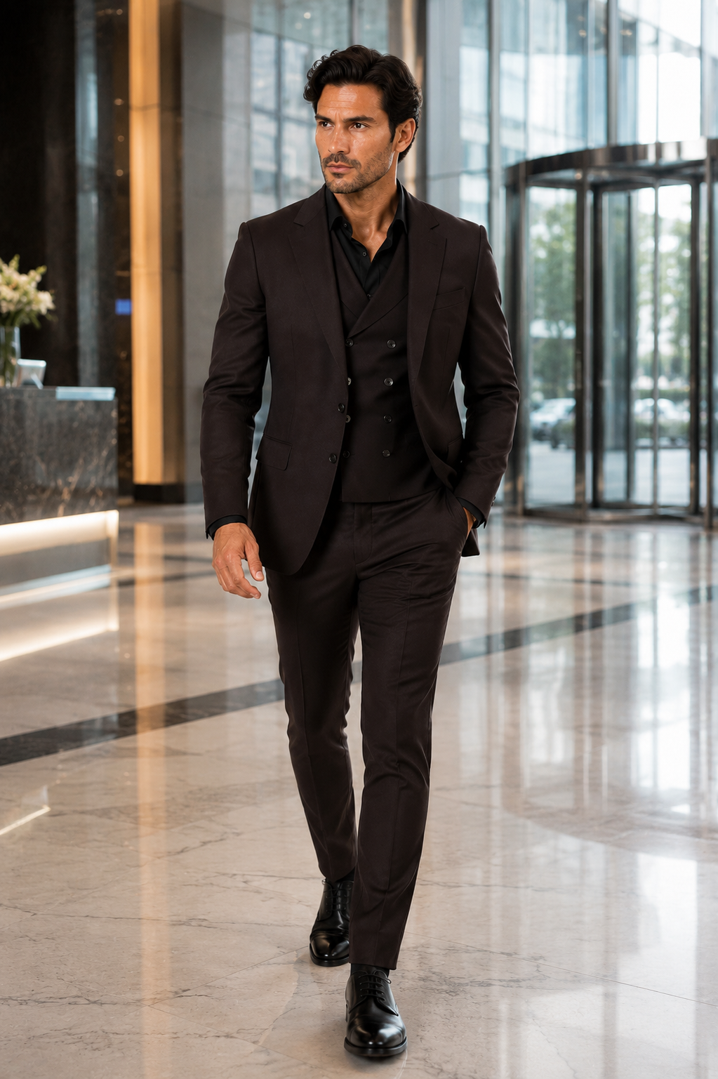 Tiglio Rosso Mens Choclate Brown 3 Piece Suit Double Breasted Vest with Classic 100% Wool Super 150's Fabric - Pleated Pants-New Designer Collection