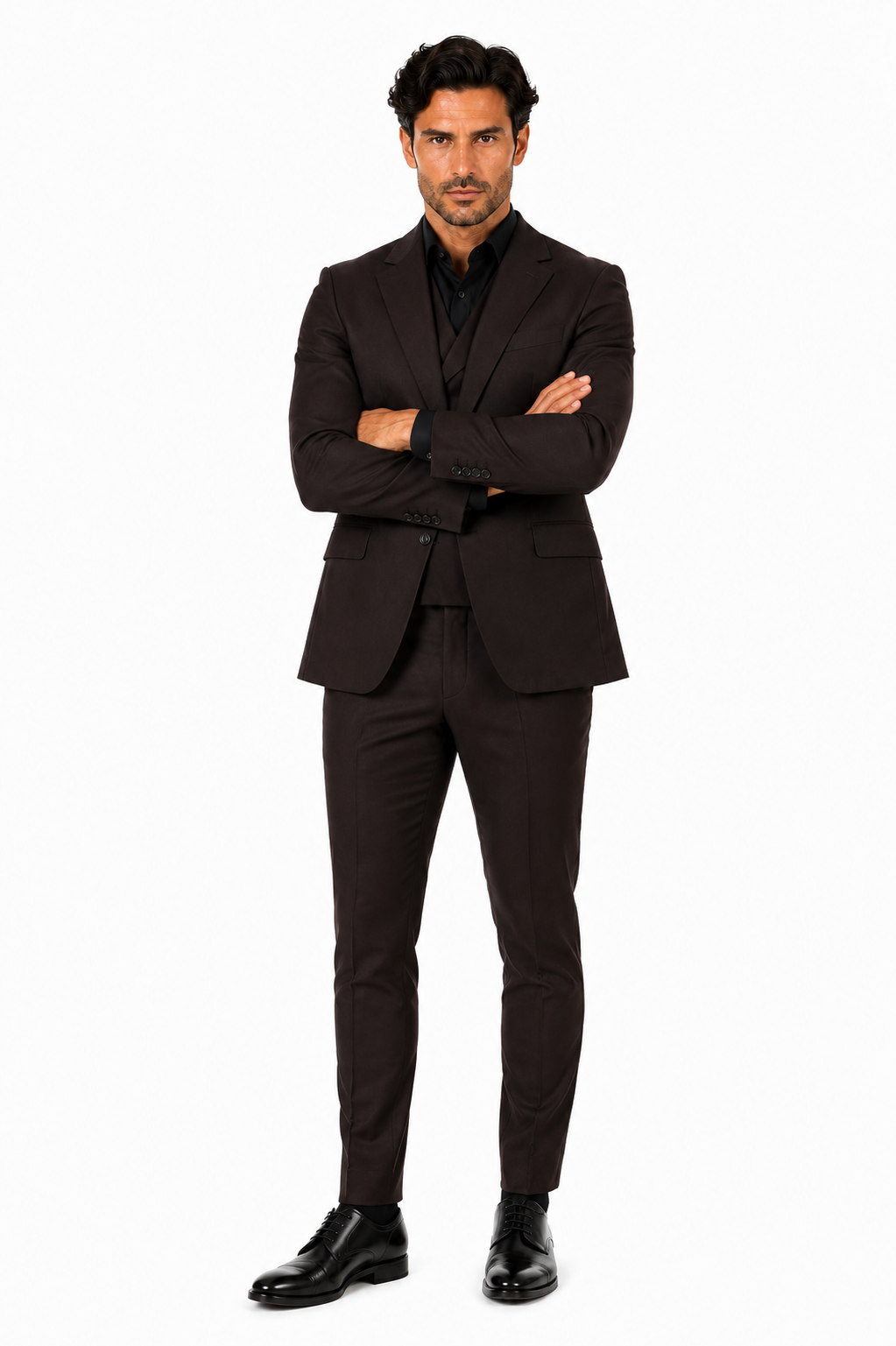 Tiglio Rosso Mens Choclate Brown 3 Piece Suit Double Breasted Vest with Classic 100% Wool Super 150's Fabric - Pleated Pants-New Designer Collection