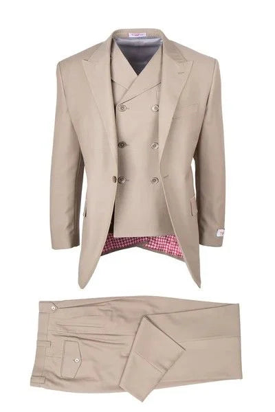 Tiglio Rosso Mens 3 Piece 100% Italian Wool Tan Suit – Classic Fit, Peak Lapel, Wide Leg Pants