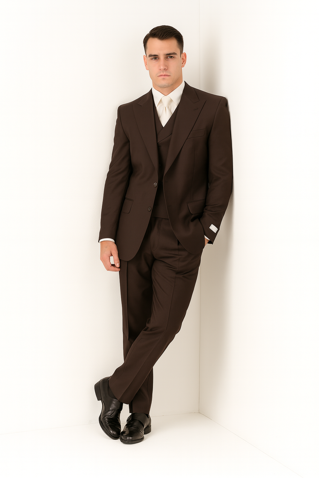 Tiglio Rosso Men’s Choclate Brown 3 Piece Suit –Double Breasted Vest with Classic 100% Wool Super 150's Fabric - Pleated Pants-New Designer Collection - 38 Long + 32 Waist(Adjust 2" Large and amp 4")