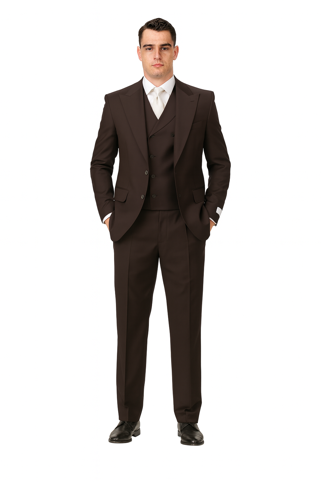 Tiglio Rosso Men’s Choclate Brown 3 Piece Suit –Double Breasted Vest with Classic 100% Wool Super 150's Fabric - Pleated Pants-New Designer Collection - 38 Long + 32 Waist(Adjust 2" Large and amp 4")