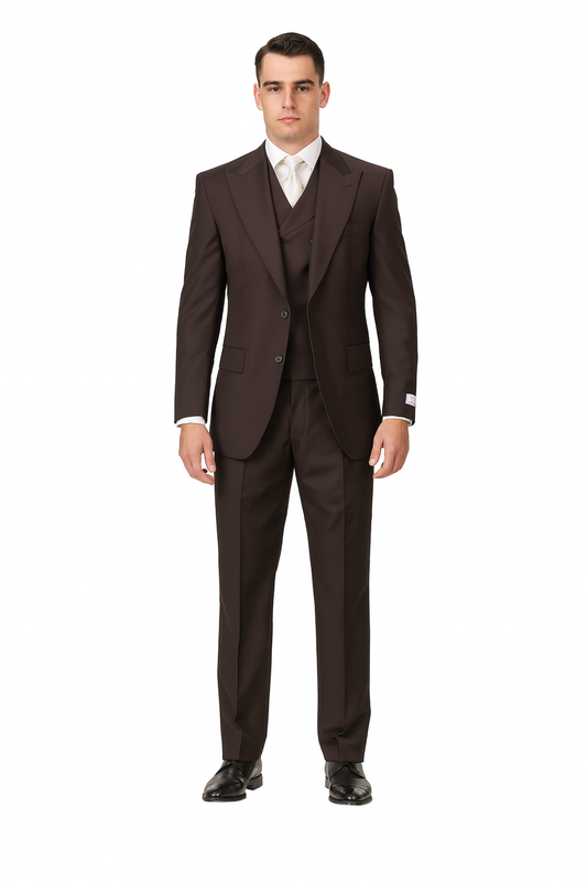 Tiglio Rosso Men’s Choclate Brown 3 Piece Suit –Double Breasted Vest with Classic 100% Wool Super 150's Fabric - Pleated Pants-New Designer Collection