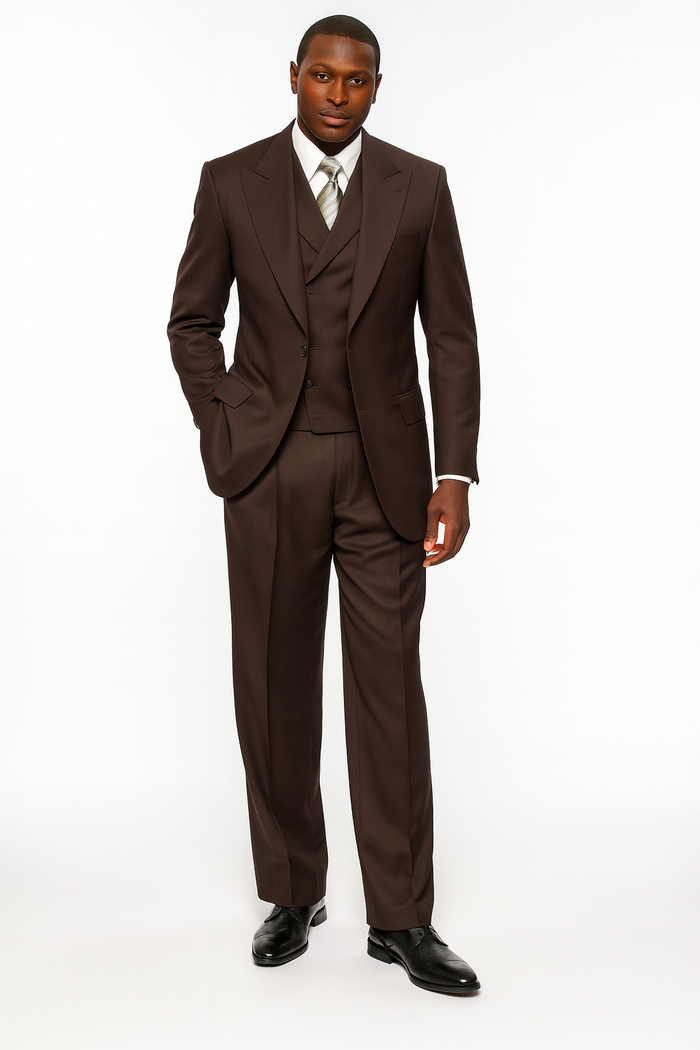 Tiglio Rosso Mens Chocolate Brown 3 Piece Suit – Double Breasted Vest with Classic 100% Wool Super 150's Fabric - Pleated Pants