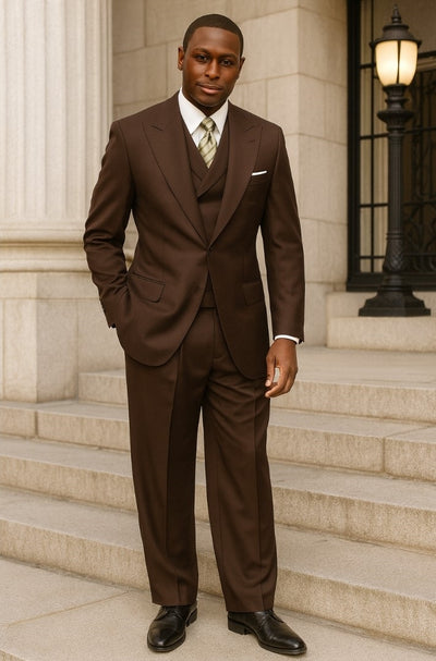 Tiglio Rosso Mens Chocolate Brown 3 Piece Suit – Double Breasted Vest with Classic 100% Wool Super 150's Fabric - Pleated Pants