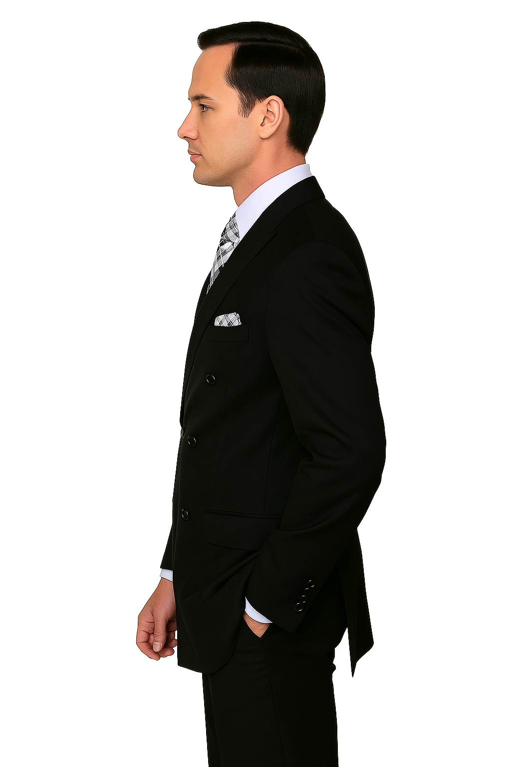 Mens Classic Wool Double Breasted Suit in Black - 38 Short Jacket+32 Waist Adjustable 28to34)(Height: 5 4 to5 7 )(Neck  15-16.5)S-M)