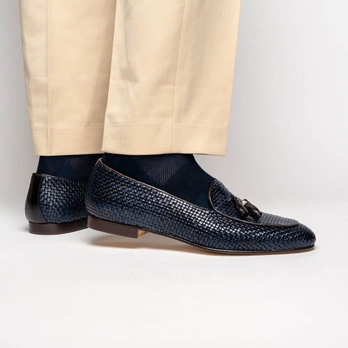 Zelli Tino Woven Calfskin Tassel Loafers | Italian Slip-On Shoes in Blue