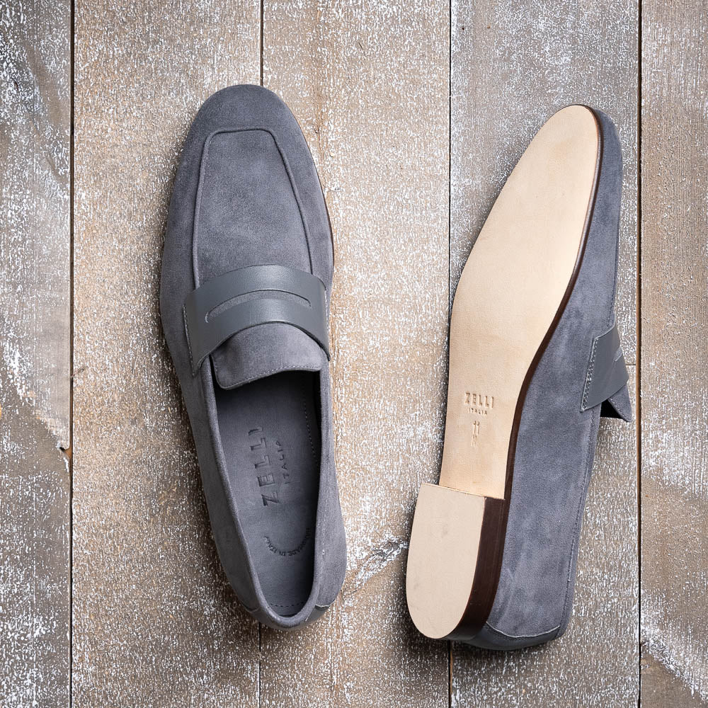 Zelli Tippa Suede and Calfskin Penny Loafers in Grey