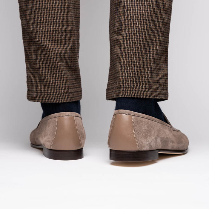 Zelli Tippa Suede and Calfskin Combination Penny Loafers in Taupe