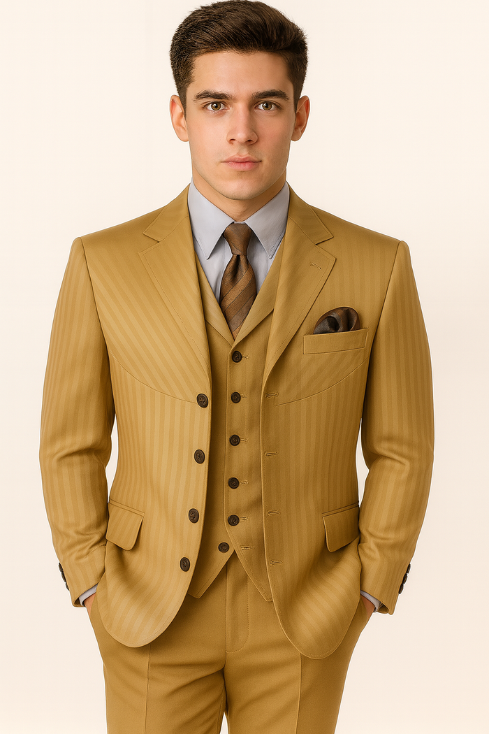 Cheap Priced Suit - Mens 4 Button Semi Wide Leg Shiny Tonal Stripe Fashion Gold Suit