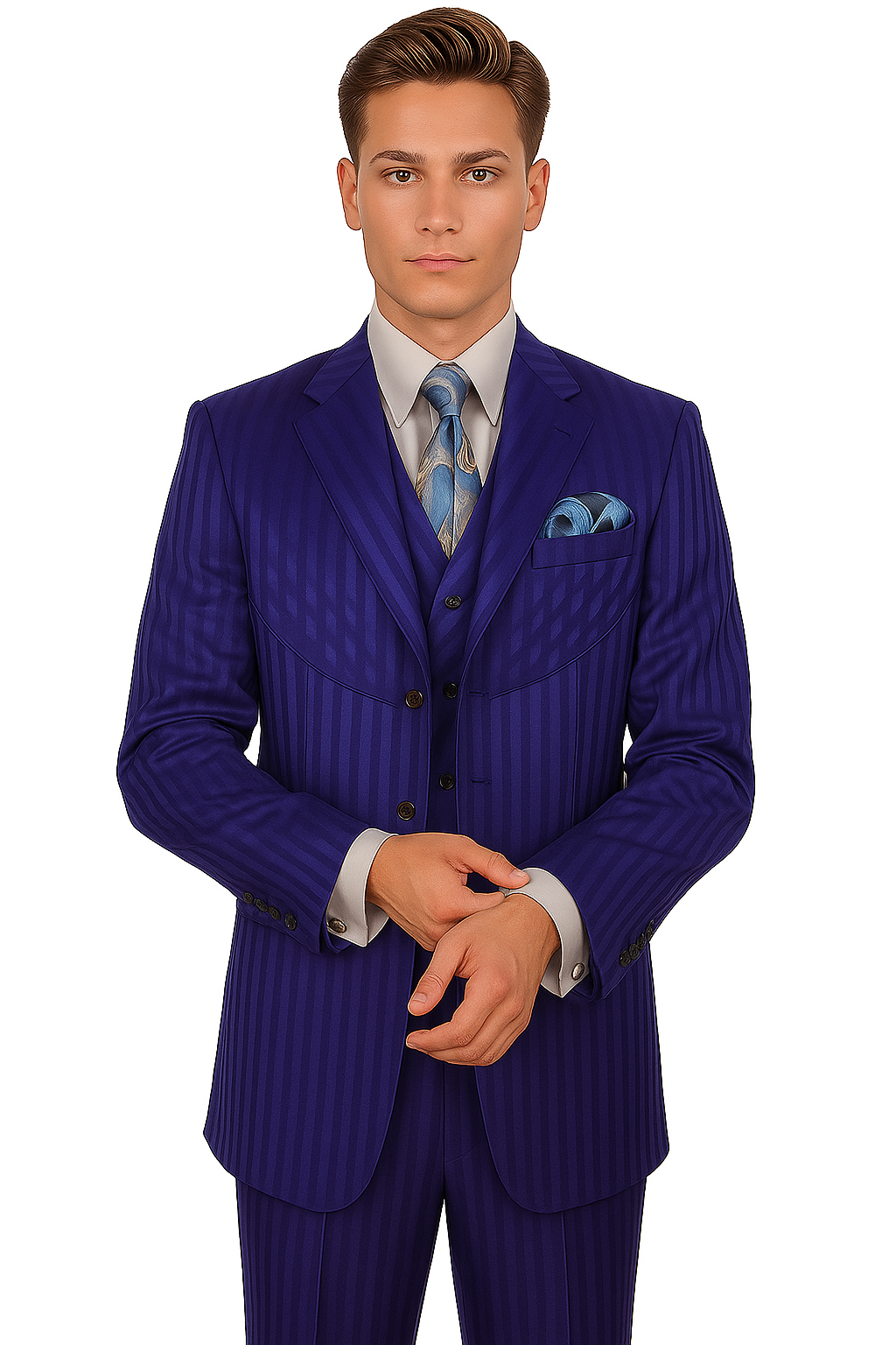 "Navy Blue Men's Shiny Tonal Stripe Fashion Suit - 4 Button Semi Wide Leg" - 38 Long