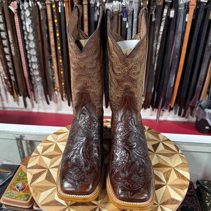 Mens White Diamond Boot Brown Hand-Tooled Western Boots Square Toe