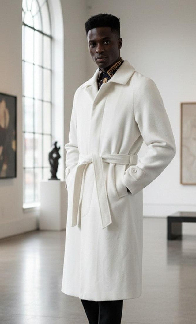 Topcoat - Falcone Mens Winter White Belted Top Coat Wool Full Length - Coat Size 38