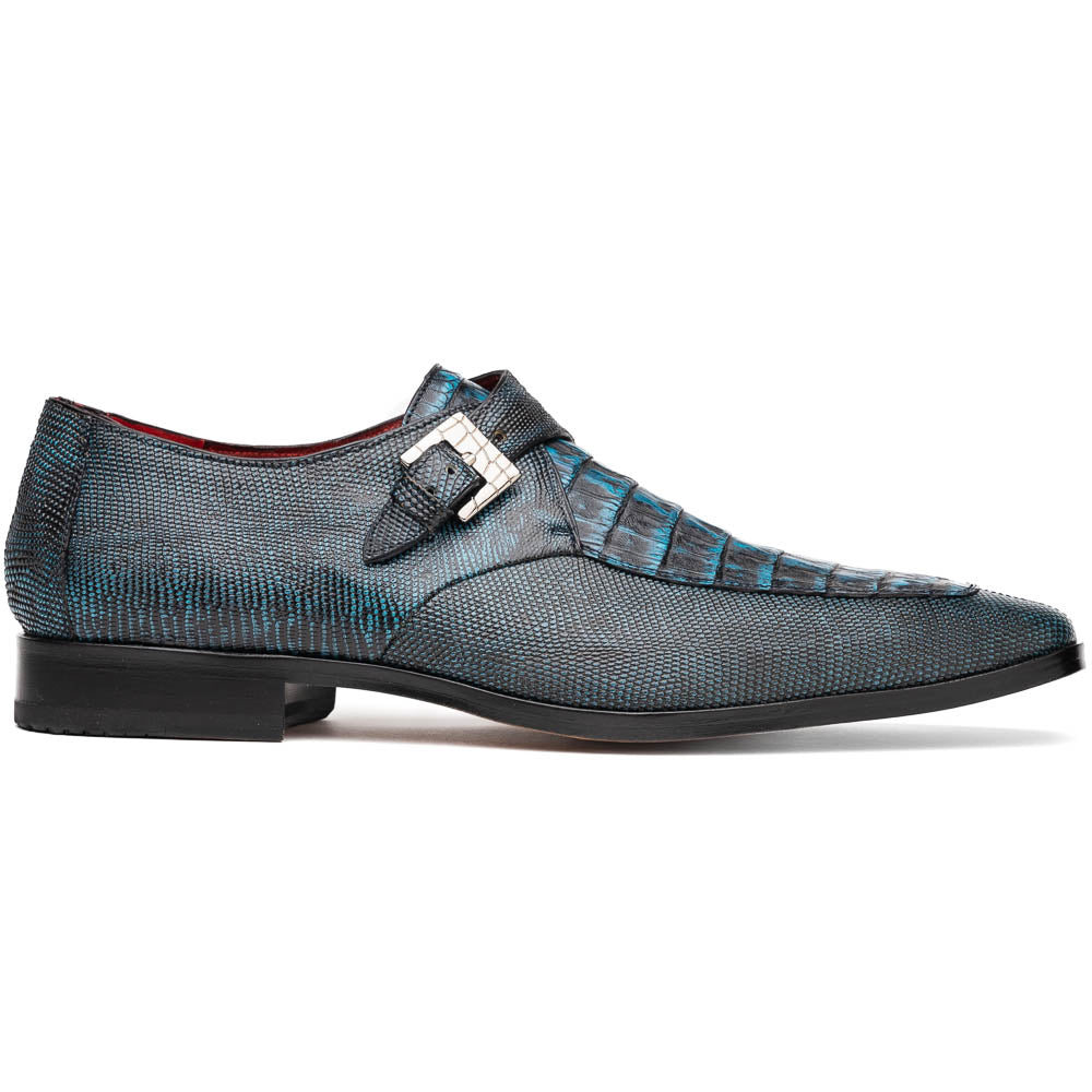 Marco Di Milano Toluca Men's Shoes Black/Blue Exotic Crocodile & Lizard Monk Strap - 8