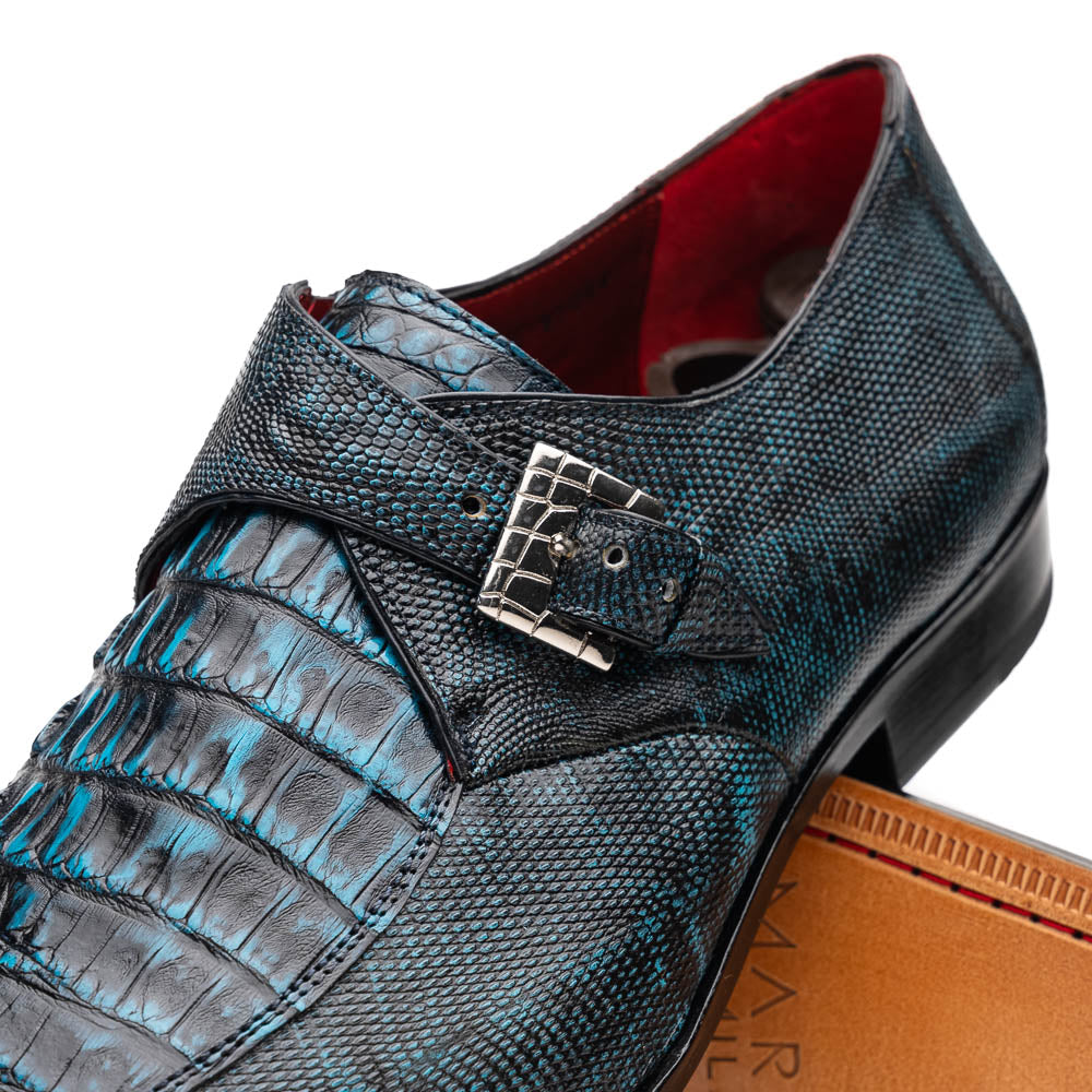 Marco Di Milano Toluca Men's Shoes Black/Blue Exotic Crocodile & Lizard Monk Strap - 8