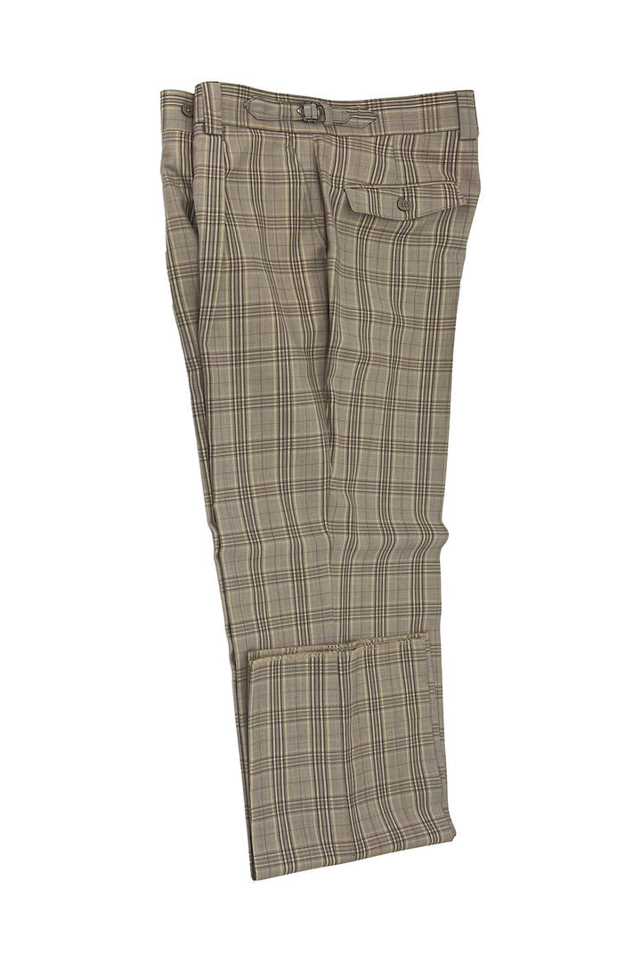 Tiglio Luxe Beige with Brown Windowpane Semi-Wide Leg Wool Marbella Dress Pants TL3119 - 32