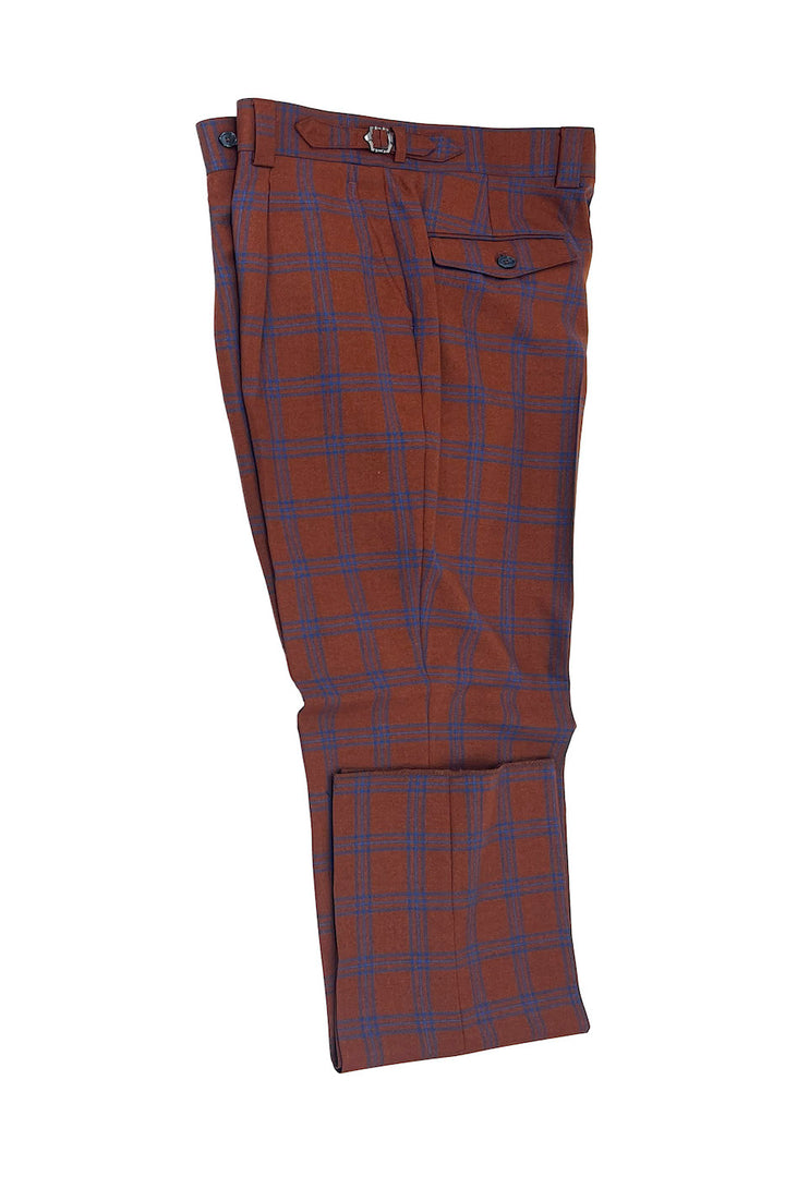 Tiglio Luxe Burnt Orange with Blue Windowpane Semi-Wide Leg Wool Marbella Dress Pants TL3302 - 32