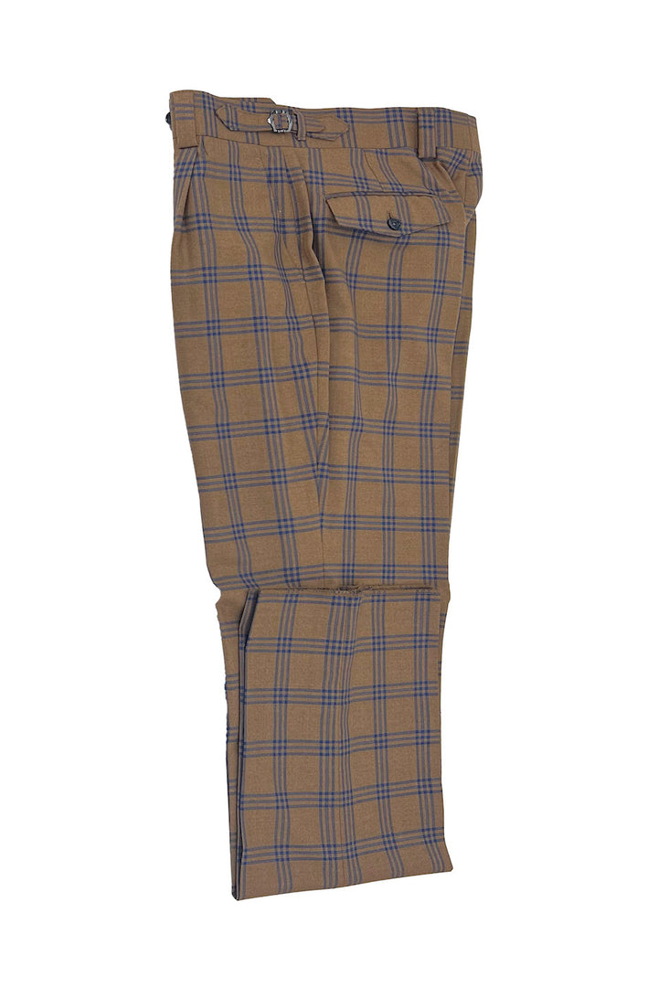 Tiglio Luxe Camel with Blue Windowpane Semi-Wide Leg Wool Marbella Dress Pants TL3304 - 32