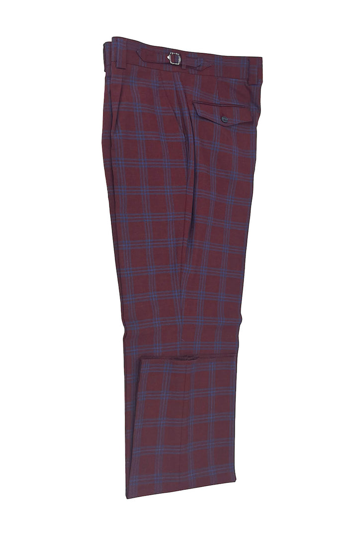 Tiglio Luxe Bordeaux Red with Blue Windowpane Semi-Wide Leg Wool Marbella Dress Pants TL3305 - 32