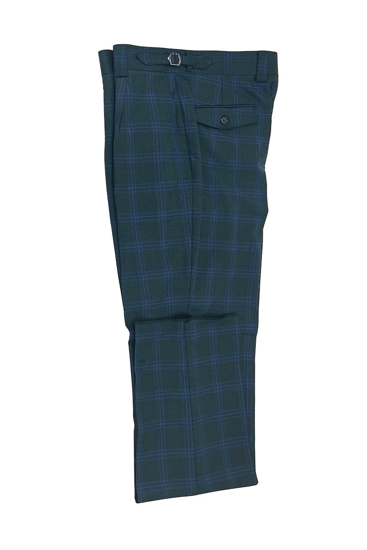 Tiglio Luxe Green With Navy Windowpane Semi-Wide Leg Wool Marbella Dress Pants TL3306 - 32