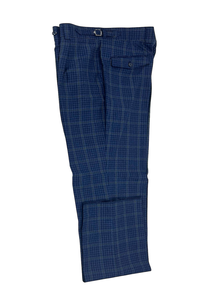 Tiglio Luxe Light Navy with Green Windowpane and Mini Check Semi-Wide Leg Wool Marbella Dress Pants TL3329 - 32