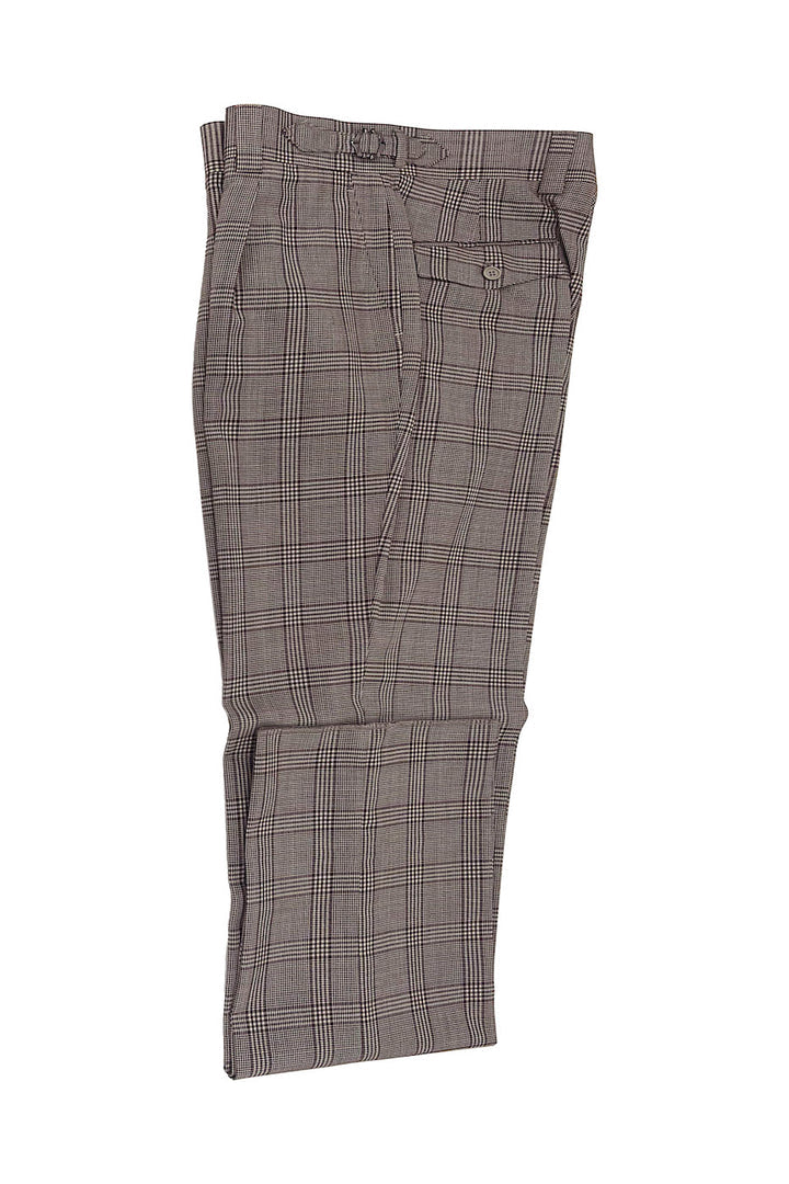 Tiglio Luxe Taupe with Burgundy Windowpane Semi-Wide Leg Wool Marbella Dress Pants TL3331 - 32