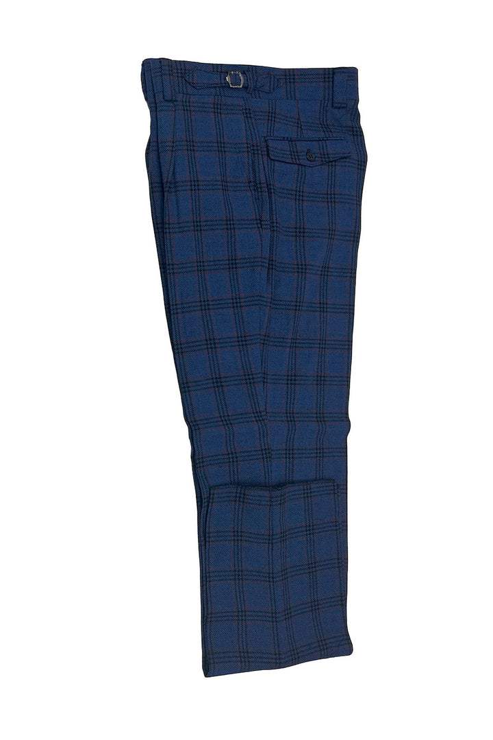 Tiglio Luxe Denim Blue with Red and Black Windowpanes Semi-Wide Leg Wool Marbella Dress Pants TL3361 - 32