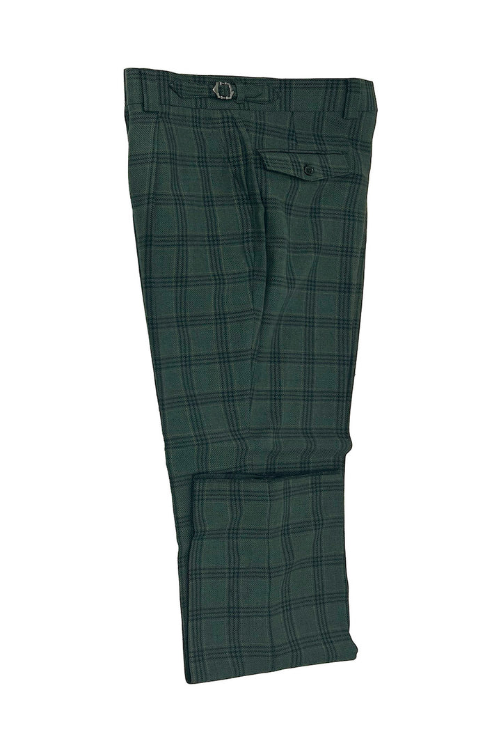 Tiglio Luxe Hunter Green with Black Windowpane Semi-Wide Leg Wool Marbella Dress Pants TL3362 - 32