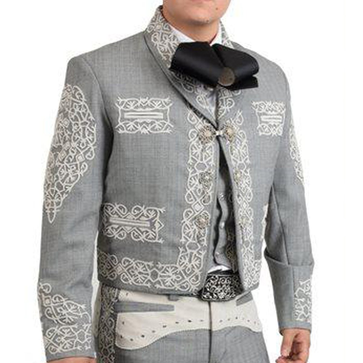 Men’s Gray Luxury Charro Suit with Metallic Embroidery - S