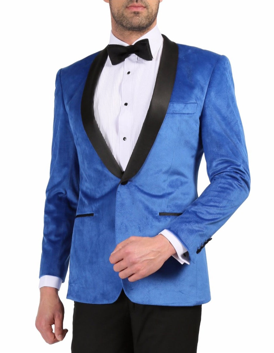 Mens Royal Blue Prom Tuxedo - Mens 1 Button Velvet Tuxedo Dinner Jacket in Royal Blue